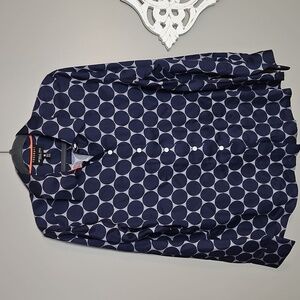 Foxcroft Navy and White Polka Dot Button Down Shirt